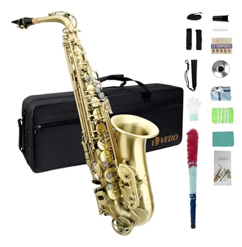 VEDO Saxofone alto em Mi, cobre, bronze antigo, laca, nível profissional, iniciantes e estudantes, laca dourada antiderrapante, chaves em madrepérola e conjunto completo de acessórios