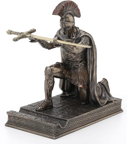 ELECDON Roman Centurion Kneeling Pen Holder Resin Statue Bronze Finish Zinc Letter Opener Stand Desk Organizers and Pencil Holder as Gift, for Home, and Office Supplies Ornament