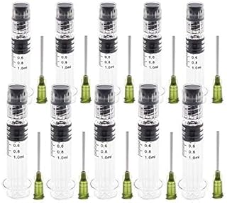 10 Pack Borosilicate Glass Syringe - 1ml Syringe, Heat Resistant Luer Lock Syringe for Labs - Glue Syringe for Use With Liquids, Glue, Oils, Ink - Bonus 14GA Blunt Tip Non-Hypodermic Needles