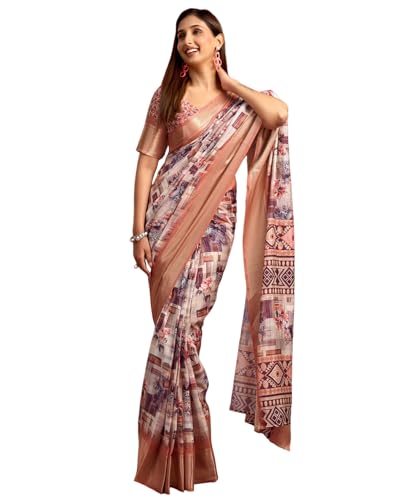 Image of SIRIL Women's Dola Silk Printed Jacquard Border Ready To Wear Saree with Unstitched Blouse Piece