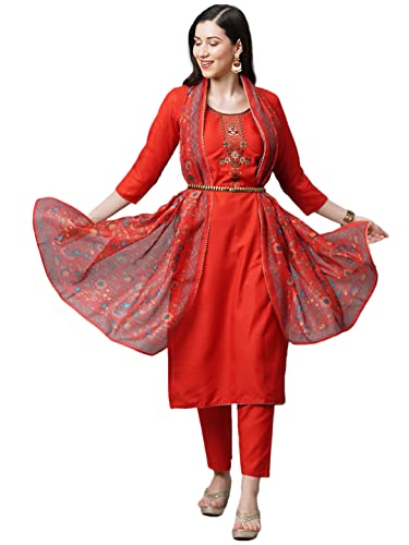 Image of GoSriKi Women's Cotton Blend Straight Printed Kurta with Pant & Dupatta (Authentic-GS)