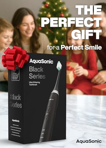 Aquasonic Black Series Ultra Whitening Toothbrush – ADA Accepted Electric Toothbrush- 8 Brush Heads & Travel Case – 40,000 VPM Electric Motor & Wireless Charging - 4 Modes w Smart Timer