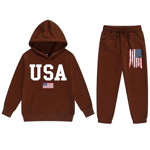 Image of Vivimeng Boys USA Sweatshirt Suit Kid USA Hoodie Set American Flag Sweater Girls American Hooded Pullover Suit