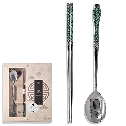 BALWOO [Made in Korea] Goryeo Celadon Design Korean Table Sticky Rice Spoon and Chopsticks 430 Stainless Steel Glossy Surface Mukbang Cutlery (Blue, 5 Sets)