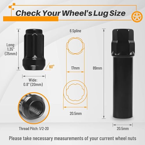 Image of 20PCS 1 /2-20 Black Spline Lug Nuts with 1 Key - 17mm Hex, 1.35 inch Tall, 0.8 inch Wide - Black Solid Lug Nuts Compatible with Wrangler, Liberty Aftermarket