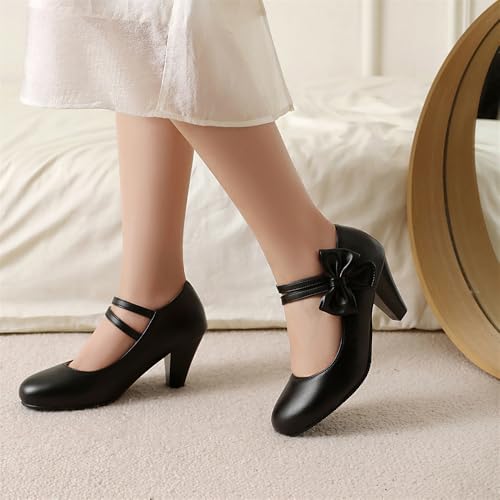 LYYSKY Spring and Autum Women's Low Kitten Heel Pump Shoes for Women Fashion Casual Bowtie Strap Mary Jane Dress Spring Uniform Shoes Plus Size EU32-EU48/US2-US153