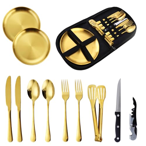 Emsmil Juego de cubiertos portátiles de camping de 12 piezas, juego de vajilla portátil de acero inoxidable, bolsa de vajilla portátil, cuchara, tenedor, cuchillo, plato para picnic al aire libre,