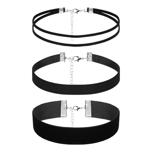 Schwarze Choker Kette Damen Set, 3-teiliges Samtband Schwarz Collar Halskette, Verstellbare Halsband Damen, Halsreif für Frauen, Klassische Gothic Tattoo Kette 90er für Halloween Cosplay und Party