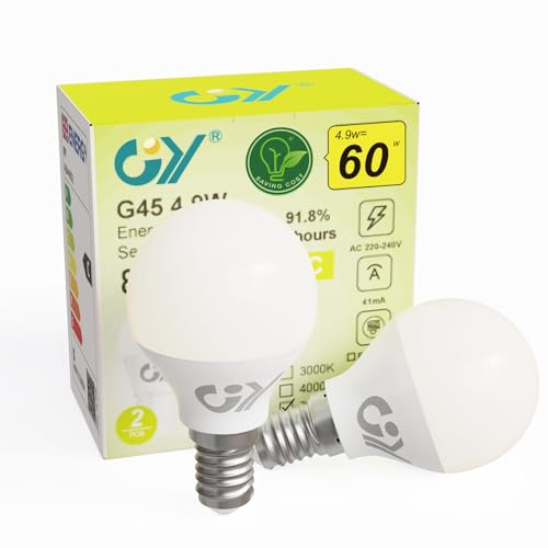 GY 4.9W Bombilla LED E14 Luz Fría 6500K 807LM (Equivalente a 60W), Bombillas Bajo Consumo G45 Rosca fina, No Parpadean, No Regulable, 2 Pieza