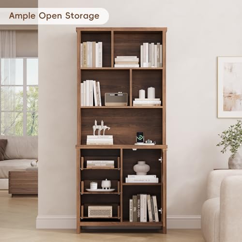 Yanosaku Bookcase with Drawers, 71" Tall Bookshelf with Charging Station, Floor Standing, 5 Storage Cubes, Open Bookcase and Bookshelf, Rattan Bookcase with Doors, for Home Office, Living Room, Walnut — view 3