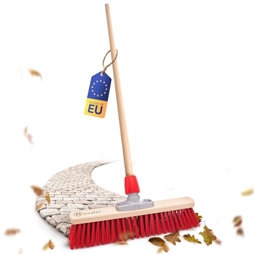 Novaliv Balai de rue 50 cm I Balai avec manche en bois I Elaston rouge I Balai industriel Balai de jardin Balai de cour Balai avec manche pour extérieur Balai de hall Balai terrasse