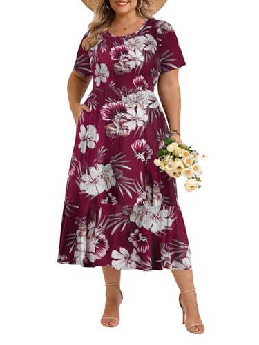 Image of LARACE Plus Size Dresses for Women Summer Casual Short Sleeve Long Dress Flowy Maxi Beach Dresses with Pockets L-6XL