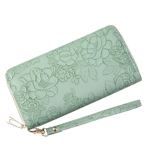 Wallet Wristiet For Women, Vintage Embossed Zippers Wallet, Wristiet Wallets For Women, Womens Wallet Wristiet (Green)