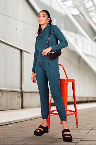 Image of POPWINGS Casual Self Design Solid Sweatshirt and Joggers Co-Ords Set for Women | Trendy Stylish Top and Bottom Set for Women | Women Hooded Sweatshirt and Joggers Set | Women Co Ords Set Summer Wear
