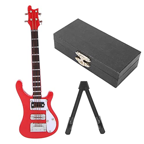 Mini-E-Bass-Gitarren-Modell, Miniatur-E-Gitarre aus Holz mit Ständer, Musik-Ornament,Miniaturgitarre mit Ständer und Koffer,Musikinstrument Gitarre für Miniatur Puppenhaus Modell Heimdekoration(Rot)