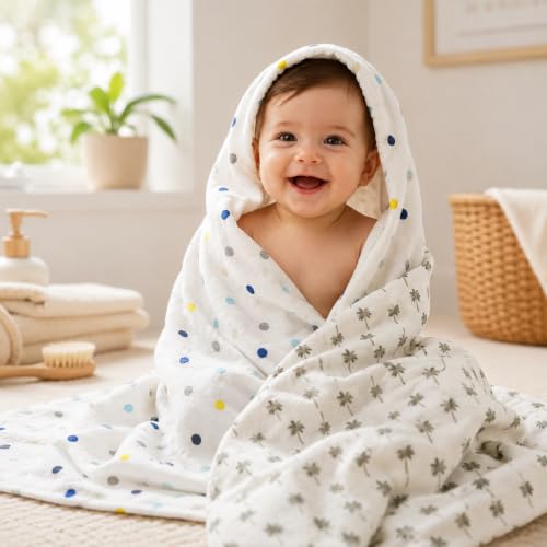 Image of Organic Cotton Muslin Pack of 2 Baby Bath Towel Cotton Cloth Premium Baby Washable, Reusable, Absorbent, Extra Soft 120 X 120 Cm Multi Dot & Cocount