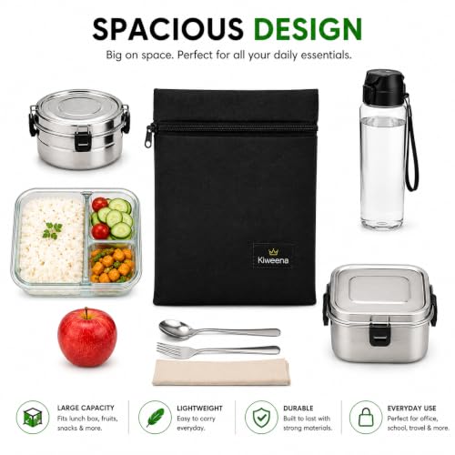 Image of Insulated Lunch Pouch for Office, School & Travel | Thermal Tiffin Bag with Aluminium Foil Lining | Leakproof, Lightweight & Reusable Lunch Organizer for Men, Women & Kids (Black)