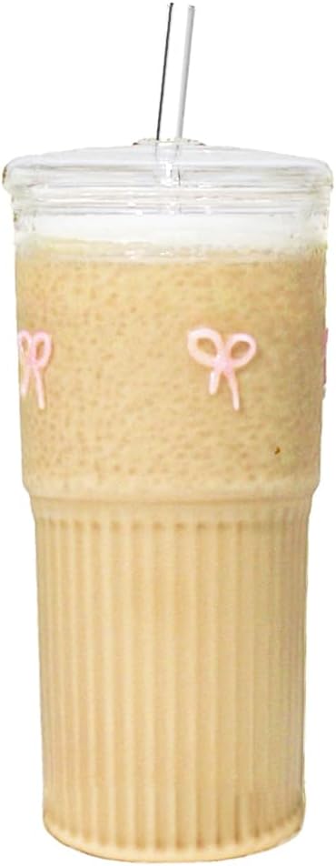Aesthetic Bow Glass Tumbler with Lid and Straw, 20oz Icon Glass Cup with Cute Pink Bow Coquette Iced Coffee Smoothie Matcha Cup, Trendy stuff for women Birthday Supplies Gift