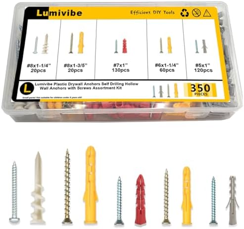Lumivibe 350 PCS Multi-Purpose Drywall Anchor and Screws Assortment Kit,175 Plastic Self Drilling Wall Anchors and 175 Flat Head Screw,6 Sizes Galvanized Screw and Wall Plug Bolts with OrganizerBox