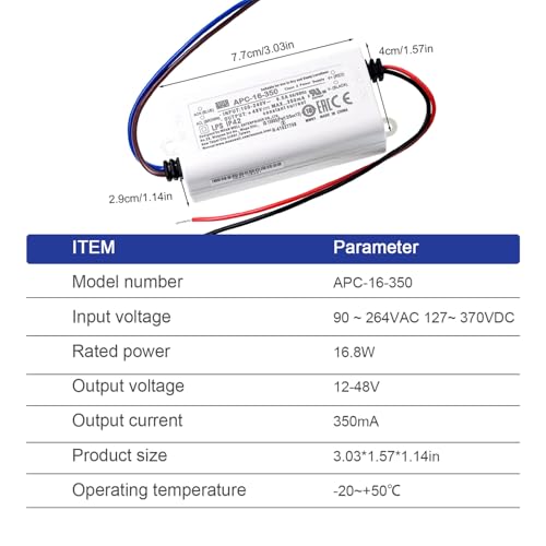 DineDeck APC-16-350 16.8W 36V 350mA Constant Current LED Driver Power Supply - IP42, Class 2, for Signs, Billboards, and LED Displays