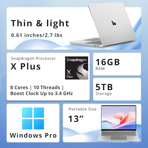 Image of Microsoft Surface 13 inch Copilot+PC for Business Professionals, 2.7 lbs Ultra Light Touchscreen Laptop,Snapdragon X Plus,16GB RAM, 5TB Storage(4TB SSD+1TB Dock), Wi-Fi 7,Windows 11 Pro, Platinum