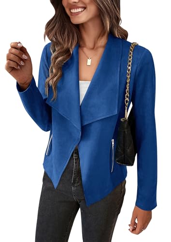 PRETTYGARDEM Women's Faux Leather Jackets 2025 Fashion Fall Long Sleeve Open Front Short Coat Outerwear (Blue,Large)