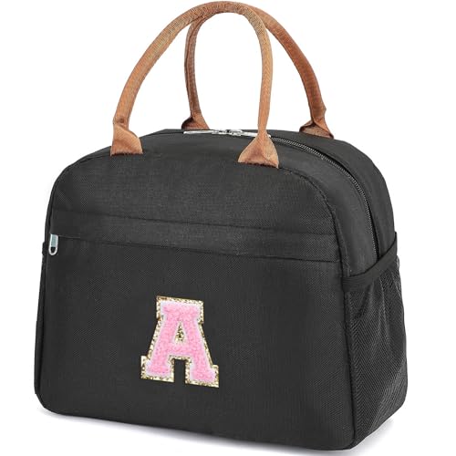 HuiLeo Lunch Bag for Girls Insulated Cooler Bag for Women Freezable Lunch Box for School With Initial Black A