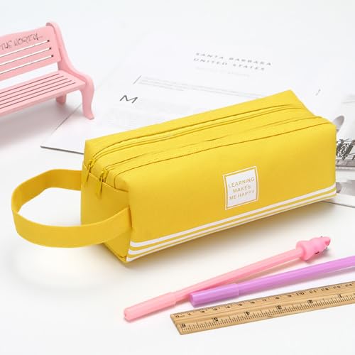 Image of Big Capacity Pen Case Large Pen Pouch Bag Durable Oxford Materials Zipper Open Bag Double Layer Marker Bag for Office Adult.(Yellow)
