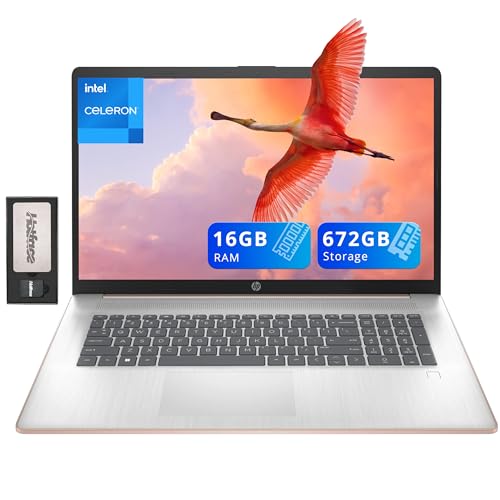 Image of HP 17.3 inch HD+ BrightView Laptop, Intel Celeron N4120, 16GB RAM, 672GB Storage (512GB SSD + 160GB Docking Station Set), Intel UHD Graphics, Full-Size Keyboard, Webcam, Wi-Fi, Windows 11 Home, Rose Gold