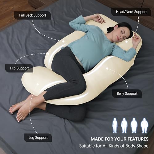 Image of MOON PARK Pregnancy Pillows for Sleeping - U Shaped Full Body Maternity Pillow with Removable Cover - Support for Back, Legs, Belly, HIPS - 65 Inch - Ivory - Cooling Cover