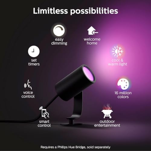 Image of Philips Hue Lily Outdoor Smart LED Spotlight - White & Color Ambiance - Low Voltage Landscape Lighting - 1 Pack - Requires Bridge and Power Supply - Control with App and Voice - Weatherproof