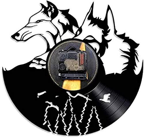 AGlitw ELD Une Paire De Tête De Loup Horloge Murale Forêt Loup Portrait Vinyle Record Horloge Incroyable Loup Totem Wall Art Home Decor Loup Admirateurs Cadeau Musique Art Horloges – vue 2