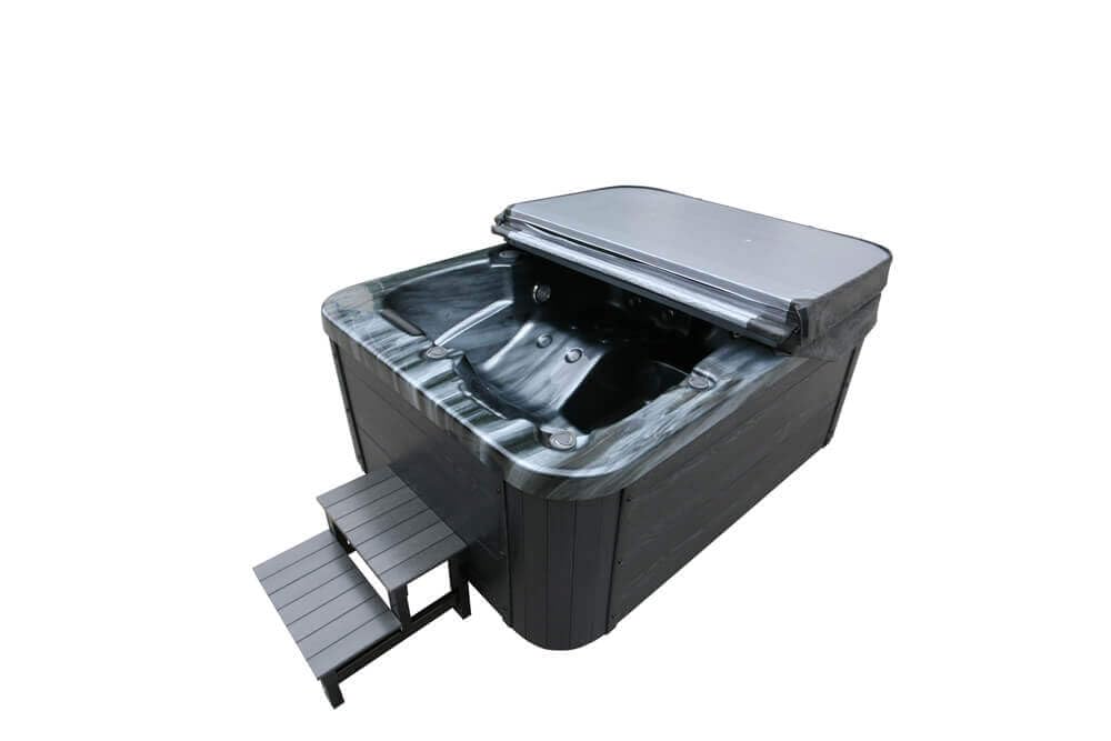 Home Deluxe - Bañera de hidromasaje Exterior - Peldaños y Cubierta térmica de MÁRMOL Negro Plus - Dimensiones 210 x 160 x 85 cm - Incluye calefacción, 27 Jets de Masaje y 9 Fuentes de luz I Bañera de
