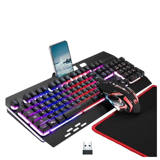 Wireless RGB Gaming Keyboard and Mouse - Rechargeable Backlit Keyboard Mouse Long Battery Life,Metal Panel Mechanical Feel Keyboard with Palm Rest,7 Color Gaming Mouse and Mouse Pad for Game and Work
