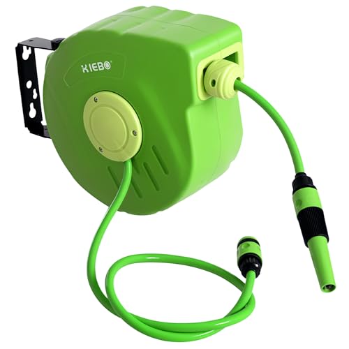 Outsunny Carrete para Manguera Enrollable, Carro de Manguera de Jardín, Portamanguera 10m Roll-up Automático Giratorio 180° con Pistola de Pulverización Gran Alcance Base de Pared para Terraza, Verde