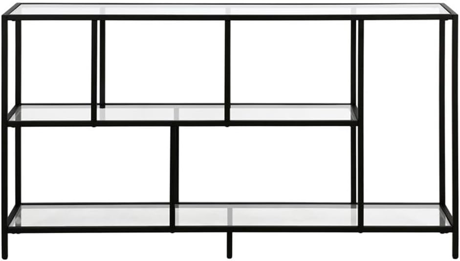 Pemberly Row Handcrafted Contemporary Console Table, 52" W x 10" D x 29" H, Tempered Glass and Metal Frame, Black Finish, Staggered Shelves, Minimalist Style for Living Room, Bedroom or Entryway Use