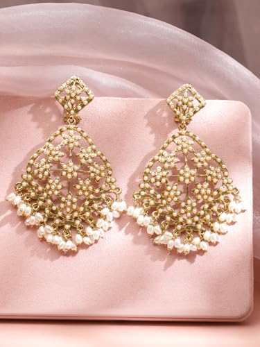 Image of Rubans Chandbali Earrings Kundan Pearl Beads Traditional Wedding Jewellery for Women & Girls