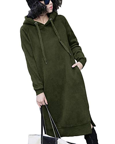 Celmia Women Hooded Long Sleeve Drawstring Split Pockets Solid Sweatshirt Casual Long Dress Army Green XL