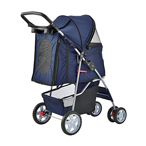 pro.tec Hundewagen 'Niceville' Pet Stroller Hundebuggy Regenschutz zum Schieben Roadster inkl. Einkaufstasche Blau