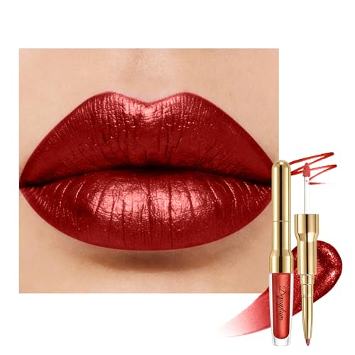 Image of Dark Red Metallic Lipstick and Lip Liner Combo Glitter Lipsticks for Women | 2in1 Metallic Lip Gloss Shimmer Stain Waterproof Smudgeproof Long Lasting Lipsticks,GB14 Passion