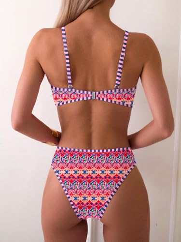 Image of Fanuerg Women's Triangle Bikini Sets O Ring Linked Two Piece Swimsuits Floral Printed Cheeky Bathing Suit