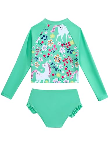 Hedmy Kids Girls 2-Piece Swimsuit Rash Guard Set Long Sleeve Horse Floral Printed Swimwear for Summer Beach2