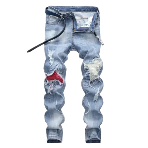 Men (Without Belt) Slim Straight High Street Motorcycle Denim Trousers Ripped Casual Jeans