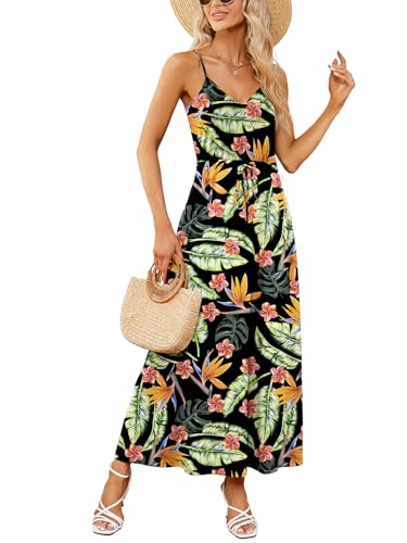 Image of HUSKARY Womens Summer Sleeveless V Neck Spaghetti Strap Pockets Beach Boho Vacation Casual Spring Maxi Dress