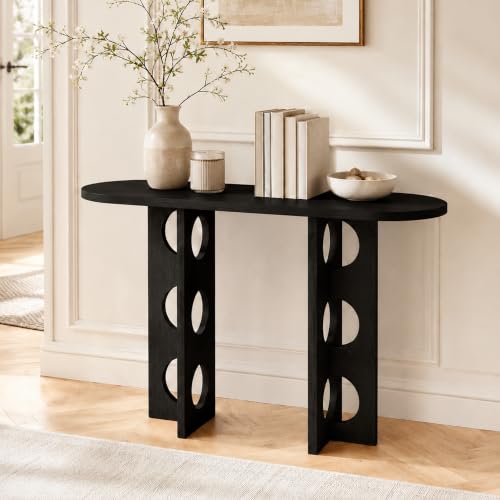 Mesa Consola Madera Maciza,Tapa Ovalada Soportes Recortados Circulares