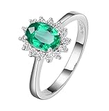 Daesar Anillos para Compromiso Mujer con Flor y Oval con Esmeralda Creada de 1.3ct y Moissanita, Oro Blanco 14K, Talla 16(56mm), Anillos de Matrimonio de Boda Plata Verde