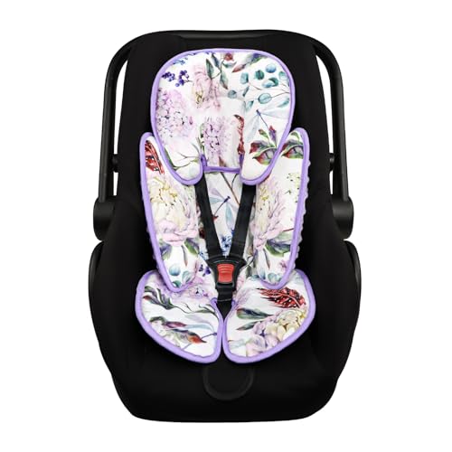 Infant Car Seat Insert for Newborn Girls Boys, HNHUAMING 2 In 1 Reversible Baby Car Seat Head &amp; Body Support, Extra Soft Baby Car Seat Cushion Insert for Strollers, Swings, and Bouncers, Purple Floral
