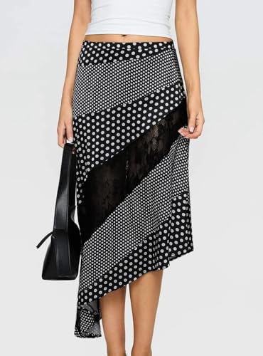 Women's Lace Long Skirts Mid Waist Solid Color Asymmetric Patchwork Midi Skirts Elegant Skirts3