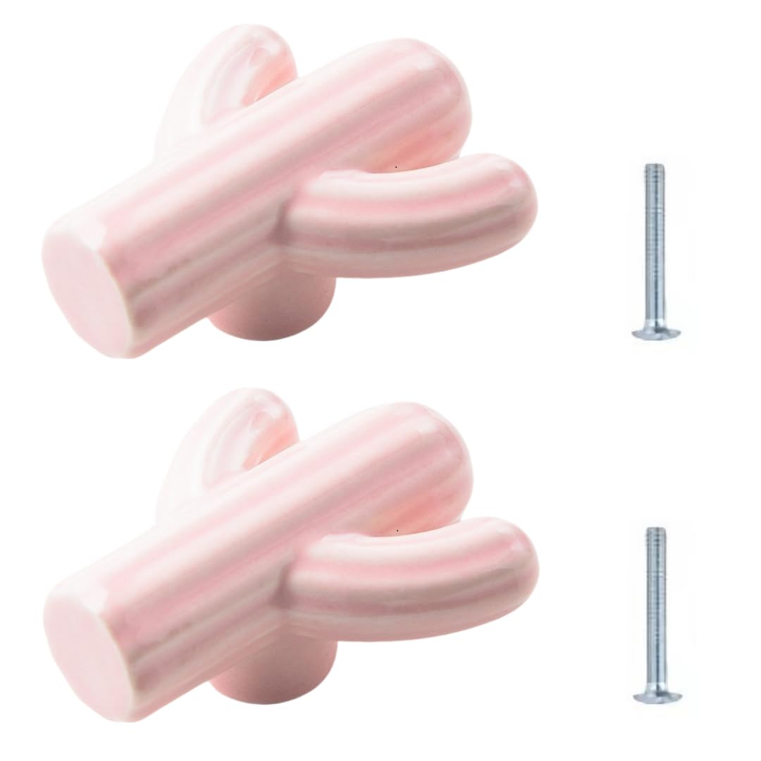 Enmrfvkz Roze Ceramic Cupboard Drawer Handle Knobs, Ceramic Cactus Drawer Knobs Multicolor 42X52mm 2 Pcs(Roze)