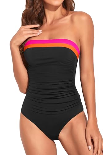 Holipick Women Black Pink Color Block One Piece Swimsuits Tummy Control Bathing Suits Halter Strapless Bandeau Swimwear L